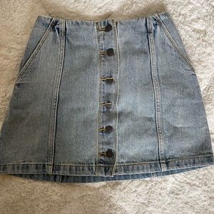 Wilfred free denim light wash mini skirt.